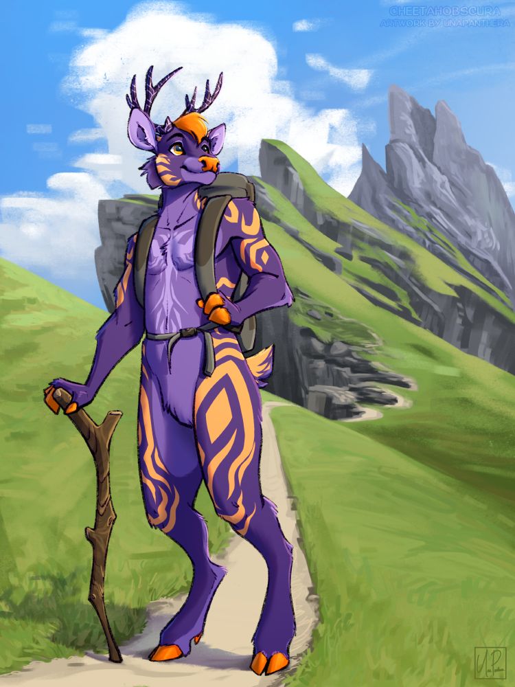 Art of Hyalite, a purple and orange mule deer hiking in some scenic mountains. He has a backpack on and is holding a hiking stick