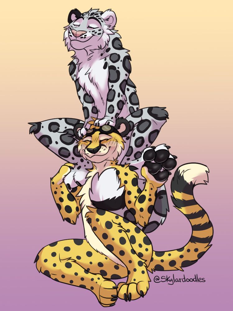 Art of Kieran perching on Obscura's head and shoulders with Obscura happily holding one of Kieran's footpaws