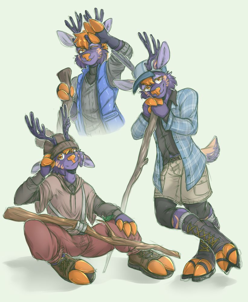 Sketch page of Hyalite wearing various hiking outfits