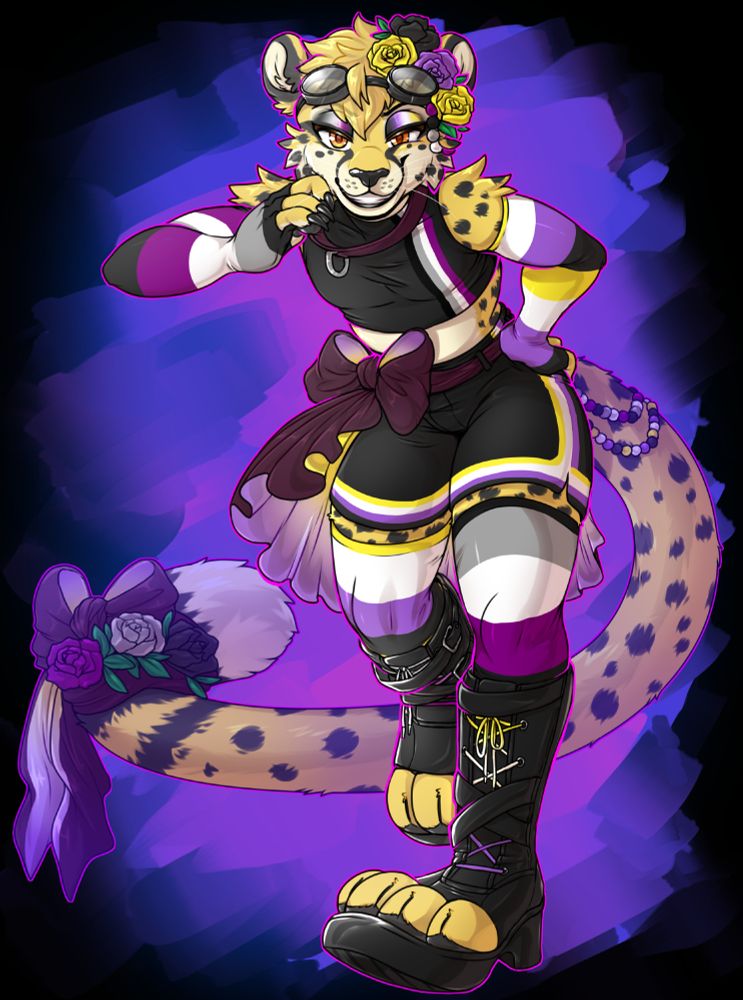 Art of Obscura standing in a sassy pose looking at the viewer with one handpaw at their hip, the other holding their collar. They are wearing a crop top, shorts, leggings, and arm warmers - all in nonbinary and asexual colors. They also have flowers in their hair and around their tail along with a ribbon. They are wearing stompy boots with their toes exposed
