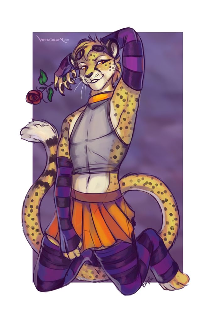 Art of Obscura kneeling with one arm over their head, holding a rose. They are wearing purple and black stockings and arm warmers, orange skirt, and sheer sleeves top