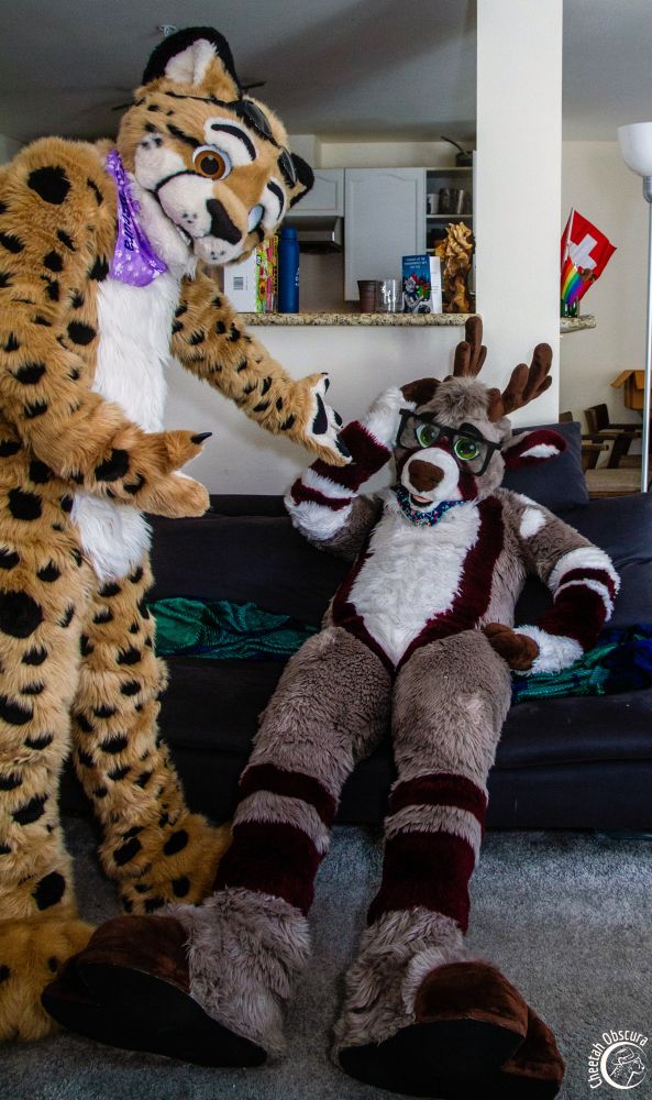 Fursuit photo of Obscura standing and gesturing towards Incog who is sitting on a sofa