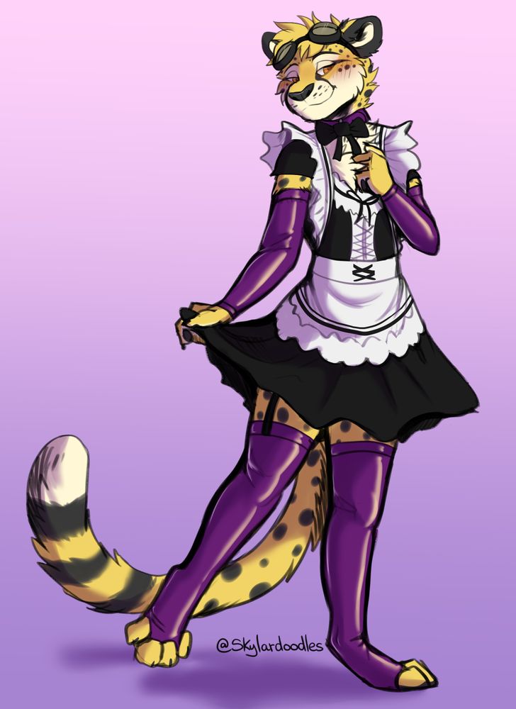 Art of Obscura wearing a black and white maid dress and purple latex stockings and arm warmers