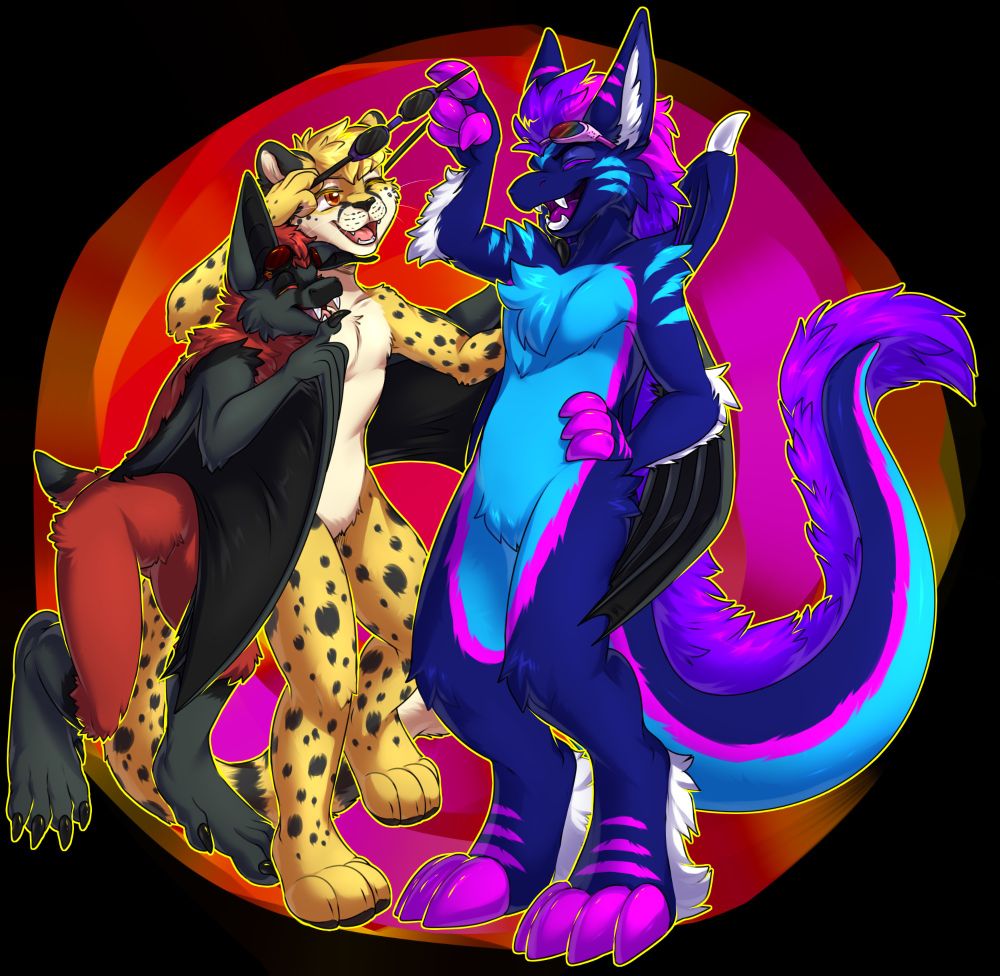 Art of Kofi and Rezz playfully teasing Obscura about their goggles. 