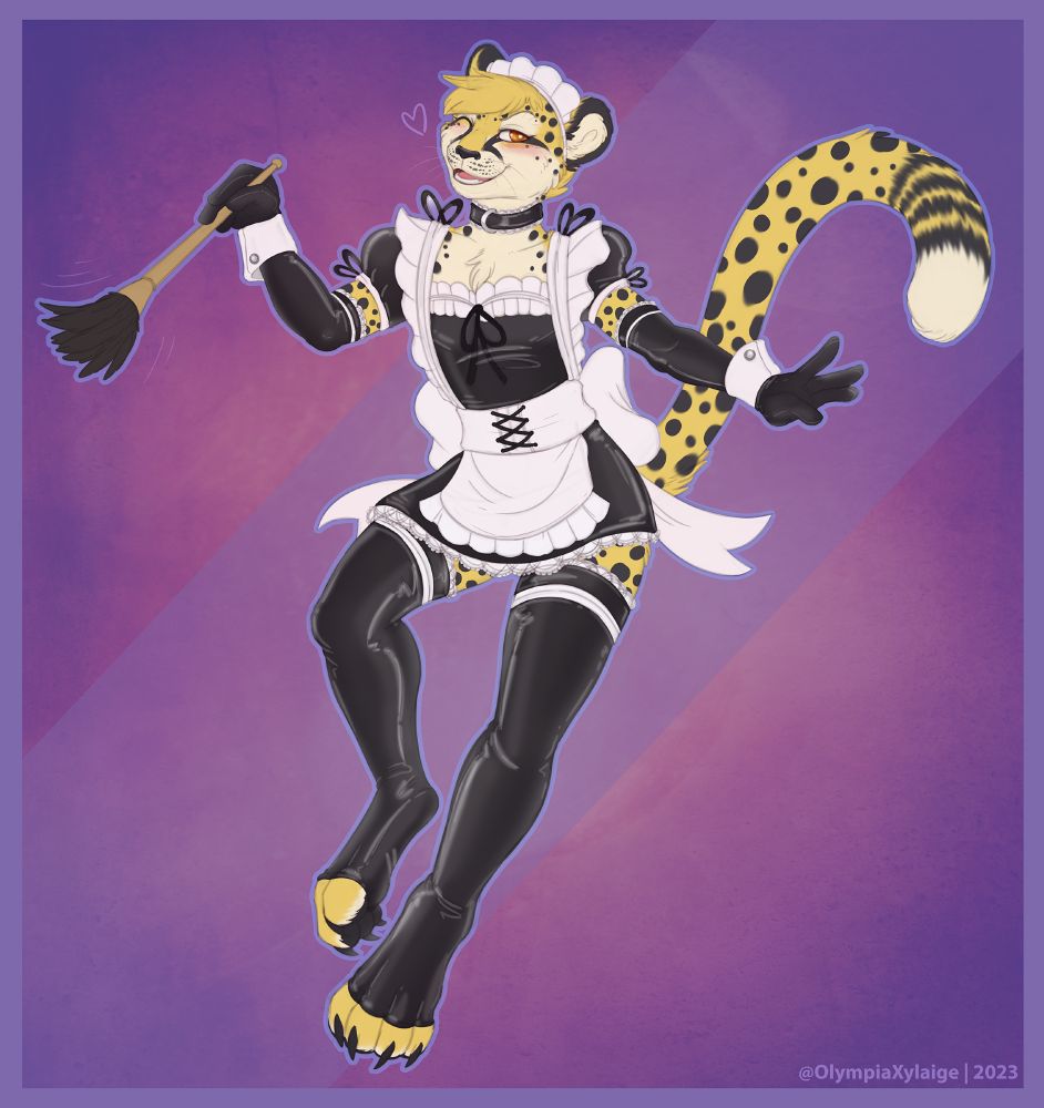 Art of Obscura wearing a black and white maid dress along with latex stockings and arm warmers. They are holding a feather duster