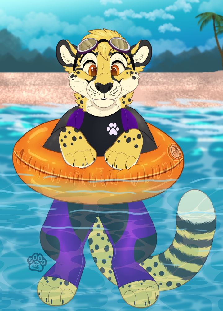 Art of Obscura floating around in an orange inflatable ring off of a beach. They are wearing a purple/black/grey wetsuit with a paw print logo
