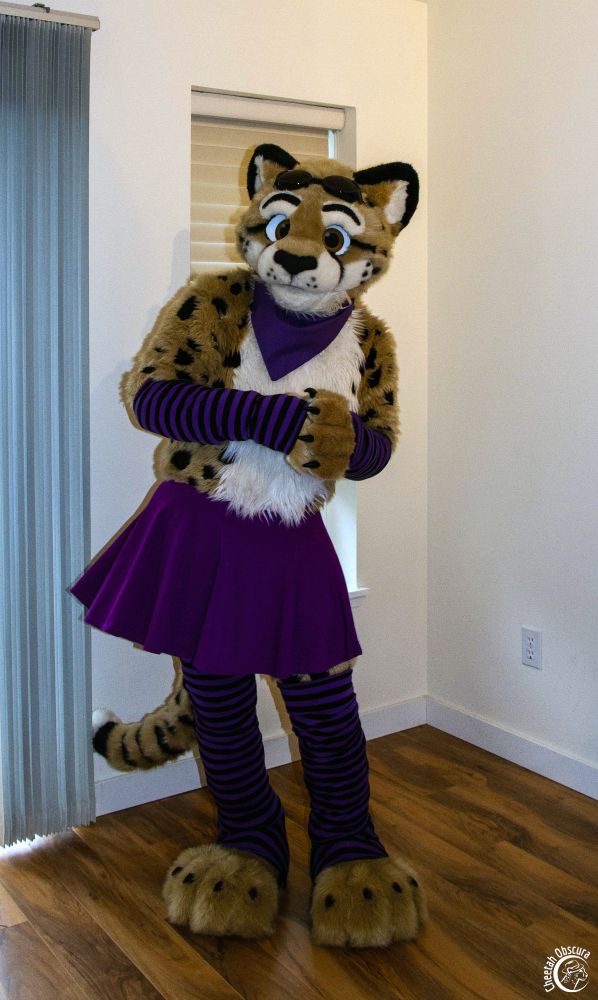 Fursuit photo of Obscura wearing a purple skirt and purple/black arm warmers and stockings