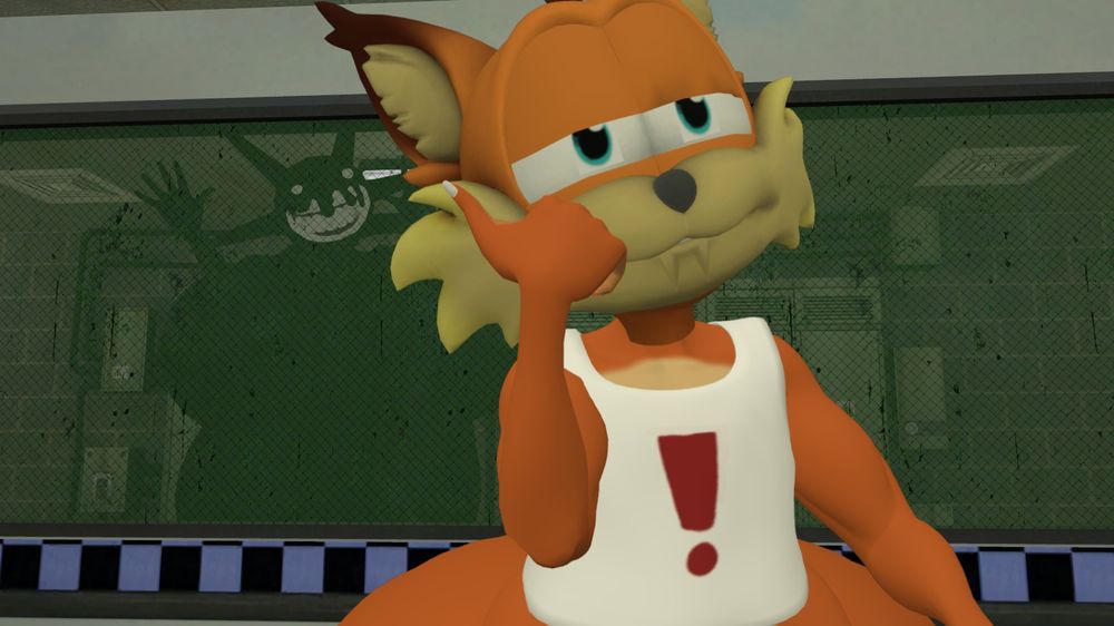 Bubsy bored on his dity while Screech is behind him (behind the glass that is) watching him.