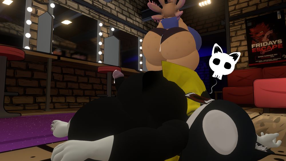 Morgana gasping his "final" breath as a cartoony skull comes out of his mouth. 

Axie (Trainer) also has a smear bit of precum on her shorts.