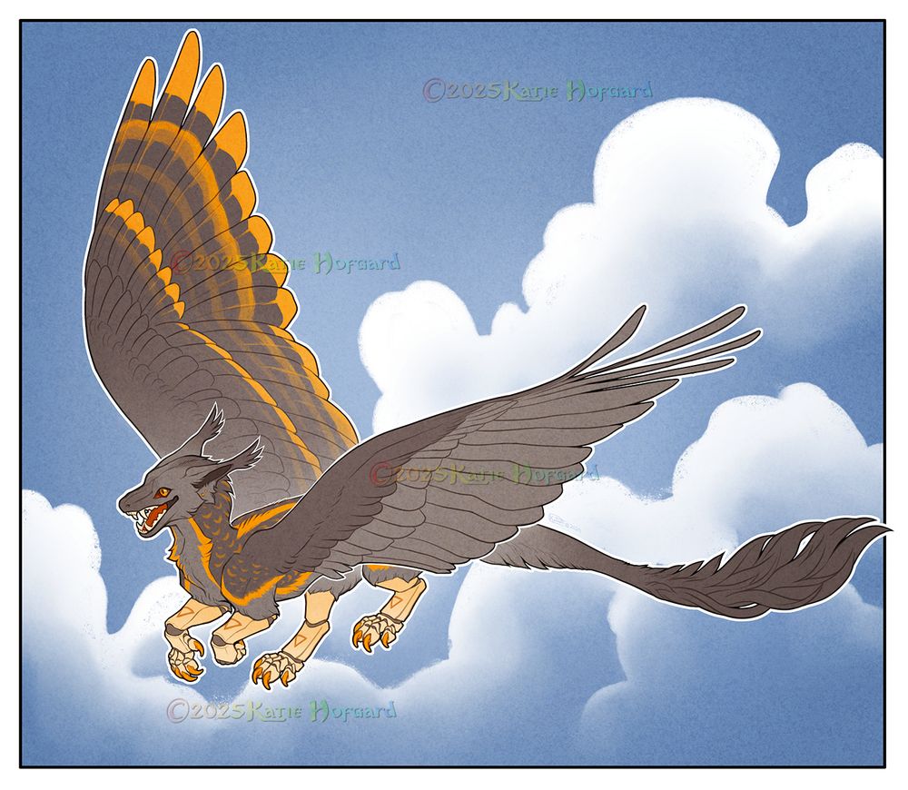 Digitally colored drawing of a fuzzy bird winged dragon-like animal in grey and orange, with clawed limbs fashioned like a ball-jointed doll's.