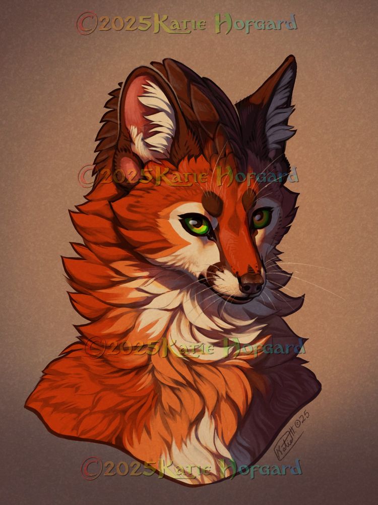 Digitally painted portrait of an anthro red fox with a dark brown feathered crest and green eyes