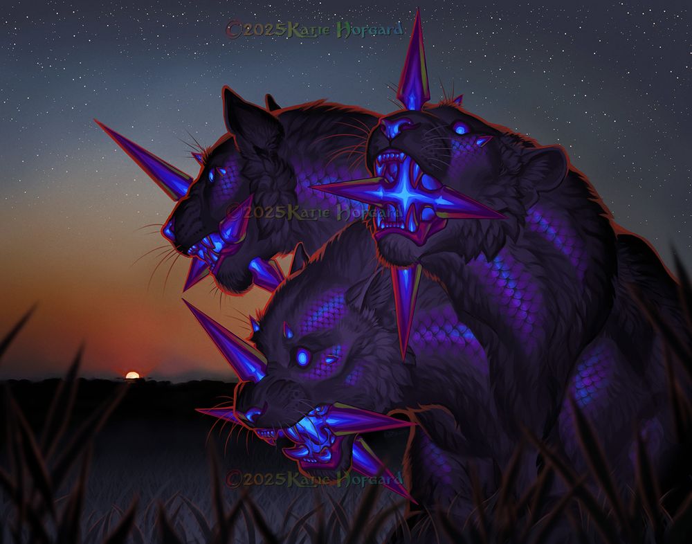 Digitally painted portrait of a mystical, black furred, three headed big cat, against a dark sunset savannah background. The cat has large four pronged spikes inside of their mouth that glow a dark blue/black/purple. Dark blue/purple iridescent scales are visible through the black fur at certain angles.