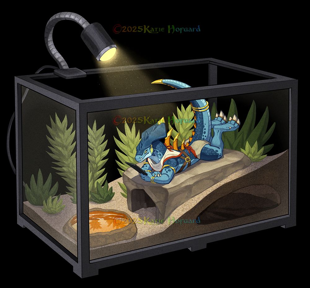 Digital illustration of a warhammer40k lizard lady relaxing inside a glass lizard terrarium under a heat lamp, reading her tablet.