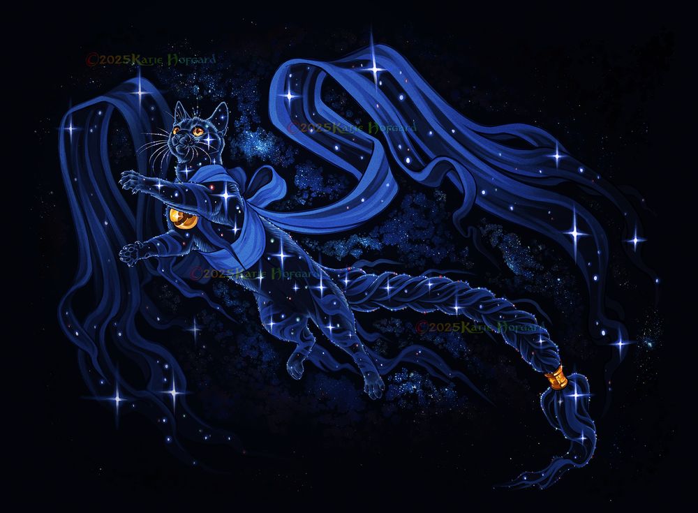 Digital painting of a black cat with golden eyes leaping across a starry sky. He has a long braided tail ending in a gold band, and blue ribbon wrapped around his body and neck like a harness. The ribbon has a big gold bell in the front, and ties in a bow on his back with long trailing ribbons that fade into the sky. He is filled with sparkling stars!