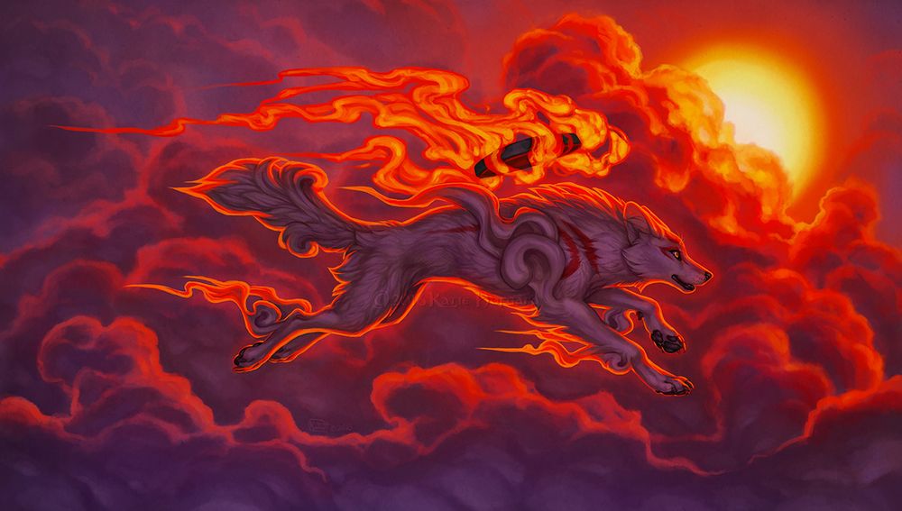 Digital painting of Amaterasu from the game Okami (a white wolf with a floating flaming disc floating above her back), running through deep red sunset lit clouds with the sun behind her.