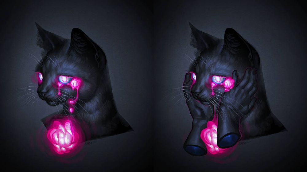 Two digital portraits of black anthro cats crying hot pink flower petal tears with a glowing pink flower in their chests. One has disembodied hands holding their face.