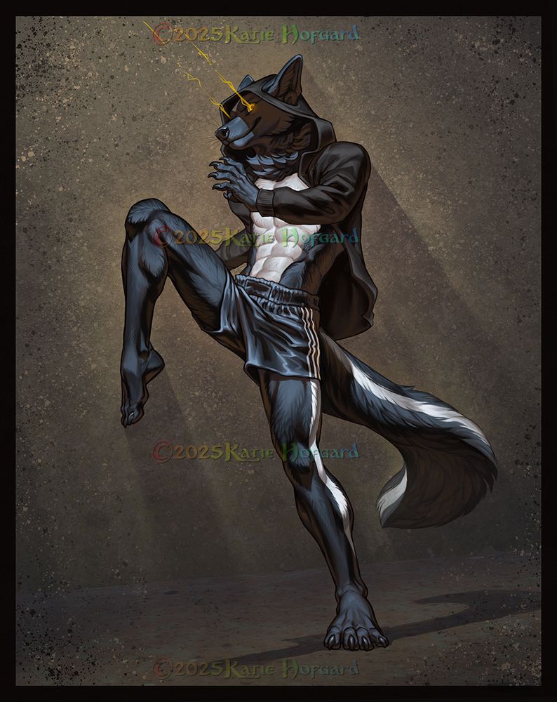 Digital painting of a black anthro wolf/skunk hybrid rising up on one leg in a Muay Thai kickboxing pose, wearing athletic shorts and an open hoodie.