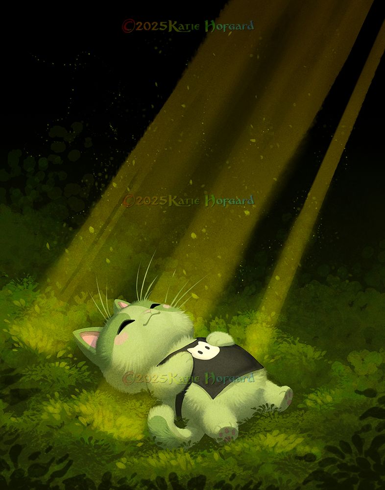 Digital painting of a chibi green cat wearing a little black apron laying in a peaceful sunlight green mossy spot.