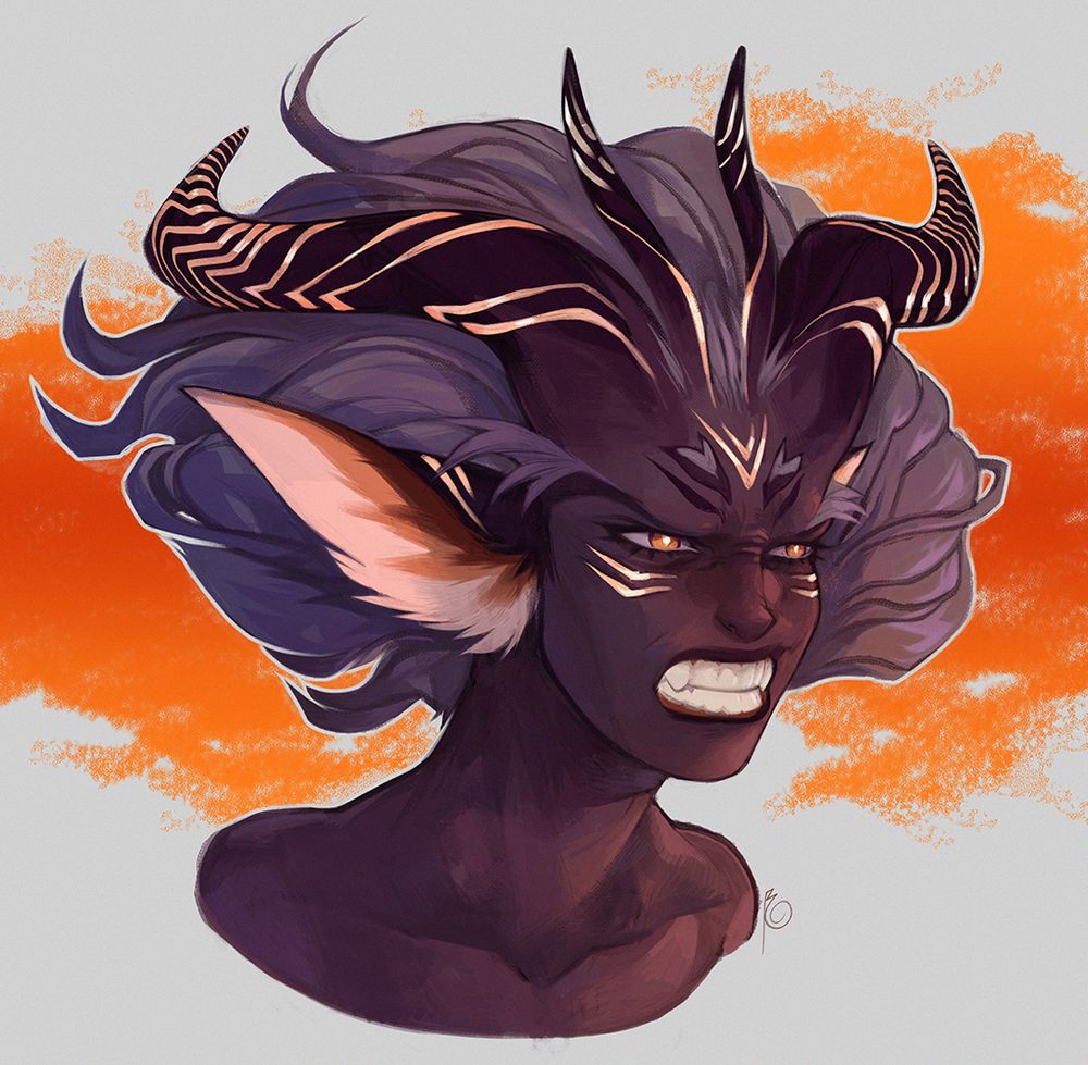 portrait painting of a monstergirl growling