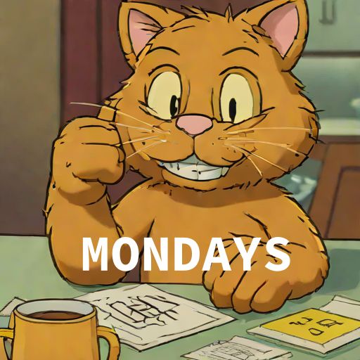 Shitty AI generated orange cat giving a thumbs up with a grin. Bold text saying "Mondays"