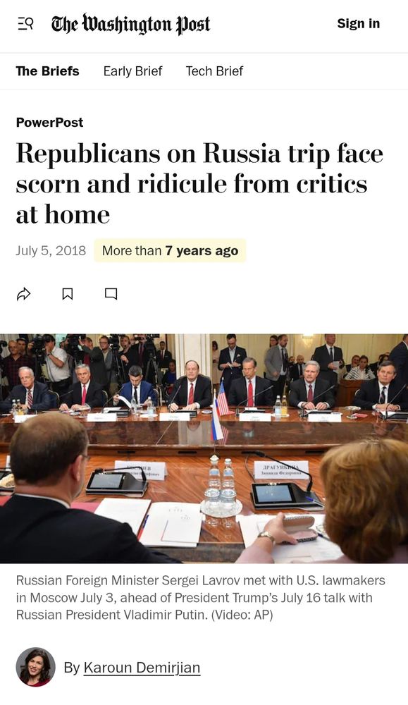 WaPo
July 5 2018
 Republicans on Russia trip face scorned and ridicule from critics at home

Russian foreign minister Sergei Lavrov met with US lawmakers in Moscow July 3rd ahead of President Trump's July 16th talk with Russian President Vladimir Putin
