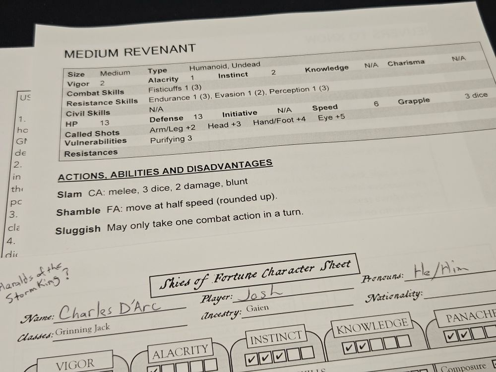 Character sheets from the game 