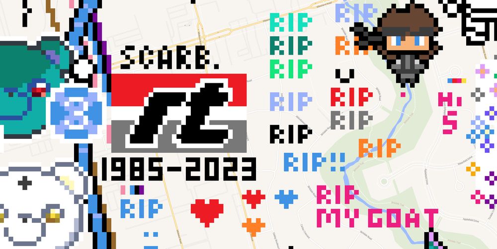 wplace pixel art of the old Scarborough RT logo with it's date of operation (1985 to 2023) just below.

Surrounding the logo is an assortment of hearts and rest in piece (rip) tags.
