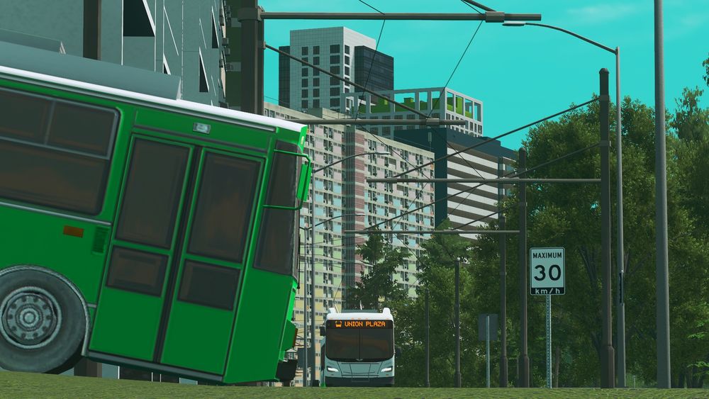 Two trolleybuses, a Skoda 14tr and a New Flyer XT60 are seen in Sedasilap, with the Skoda descending a steep road.