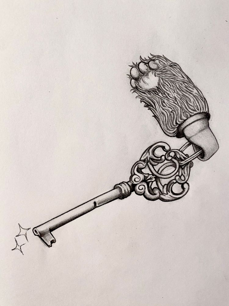 This time, 2 prompts together. "Rabbit foot" and "Magic key". Drawn with pencil, the thick rabbit foot works as keychain. The key head has an intrincated pattern and there are sparks on its tip