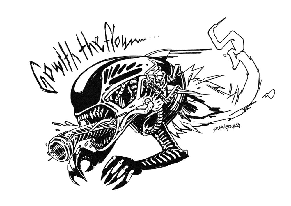 A xenomorph like those we all know from the ALIEN movies – but it's sorta coming out of a very small rocket almost looking like a living V8 motor that just had a rough day. 