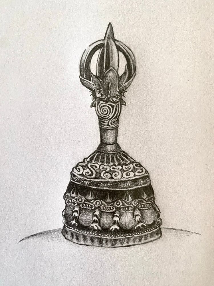 prompt was Ritual Bell. Drawn with pencil, was inspired both by Tibetan Vajra and Lovecraft's Dagon. The handle is more like the Tibetan artefact while the waist has a sort of staring fishlike creatures pattern on it