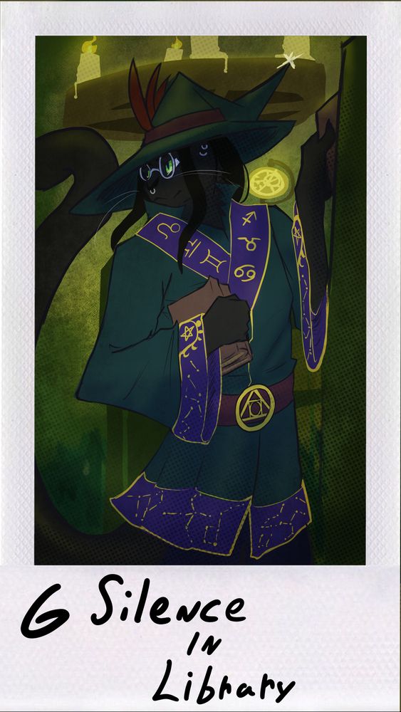 A male anthro black cat wearing robes and hat with astrological and alchemical symbols denoting them as some sort of sage or magic user. He is taking books from an abandonned looking library, looking over his shoulders as strange shadows shift right outside his view. 