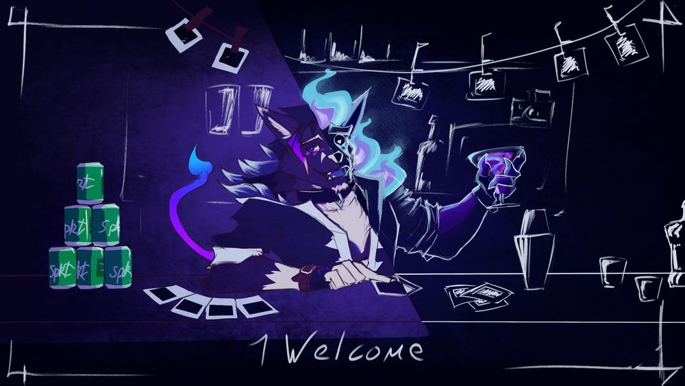 A bar split between well lit and darkness. In the center stands an anthro fox. The illuminated half looks like a male black fox with some died purple hair and wearing a collar, coat & gloves. He is pushing forward a polaroid picture of many lying about the counter. On the dark side of the bar, he looks like a skulled demon, blue fire blazing on his head and around the collar of his suit. In hand, he holds a martini glass with a purple swirling liquid as if inviting the viewer to have some. 