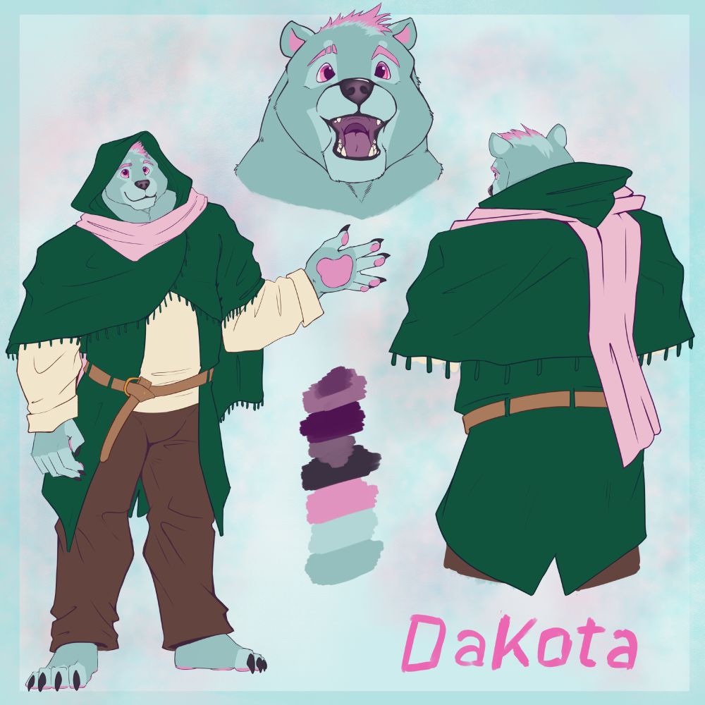Reference sheet of a big cyan & pink colored bear. On the left he is holding up and open hand with pink paws and a neutral smile. On the right he is showing his back and the pretty pink scarf around his neck. In the center middle he is show with a big happy open mouthed smile 

This references showcases a druidic outfit, green in color with the upper half being a poncho and a lower half more of a half robe. The outfit is complimented with a pink scarf brown pants and a tan uneershirt & belt 