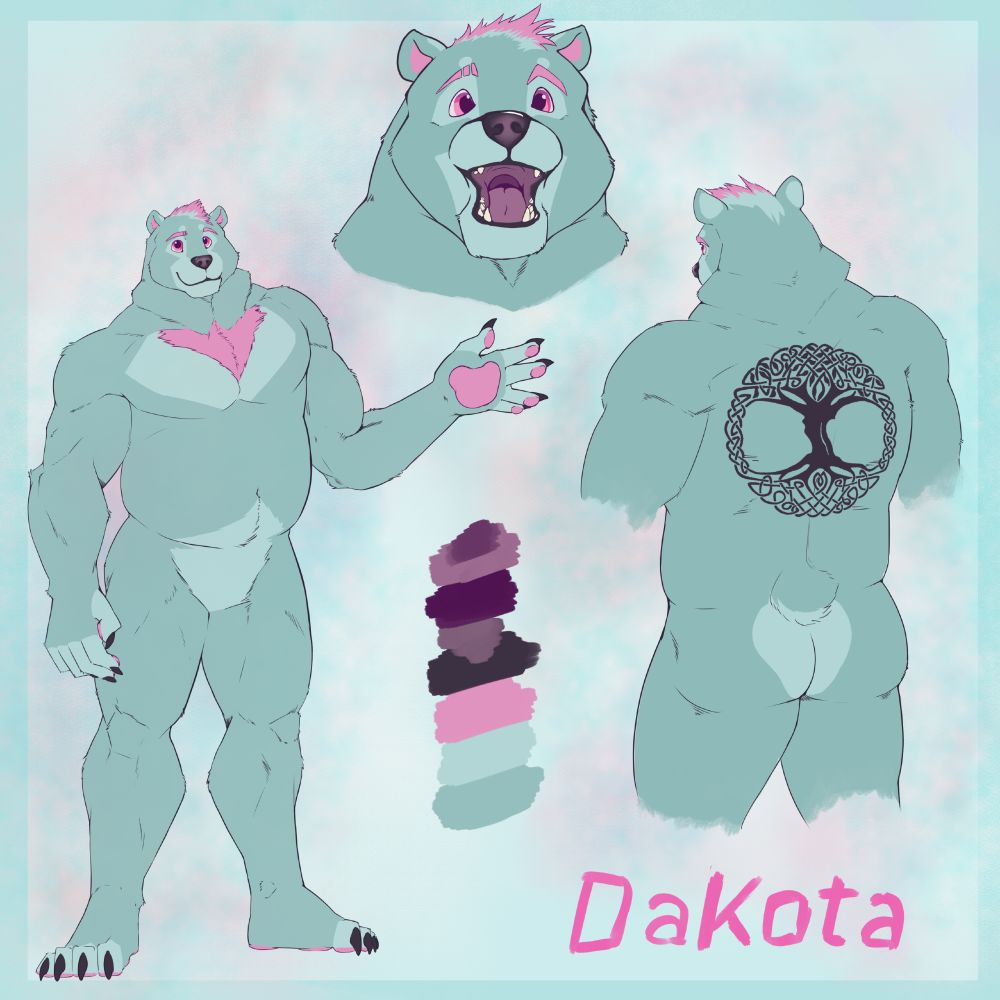 Reference sheet of a big cyan & pink colored bear. On the left he is holding up and open hand with pink paws and showing some of his pink chest fluff. On the right he is showing his back with an elaborate tattoo of a tree with branches and roots tangled in a celtic knot. In the upper middle he is show with a big happy open mouthed smile, pink eyes eyebrows and hair-tuff being the focus. 
