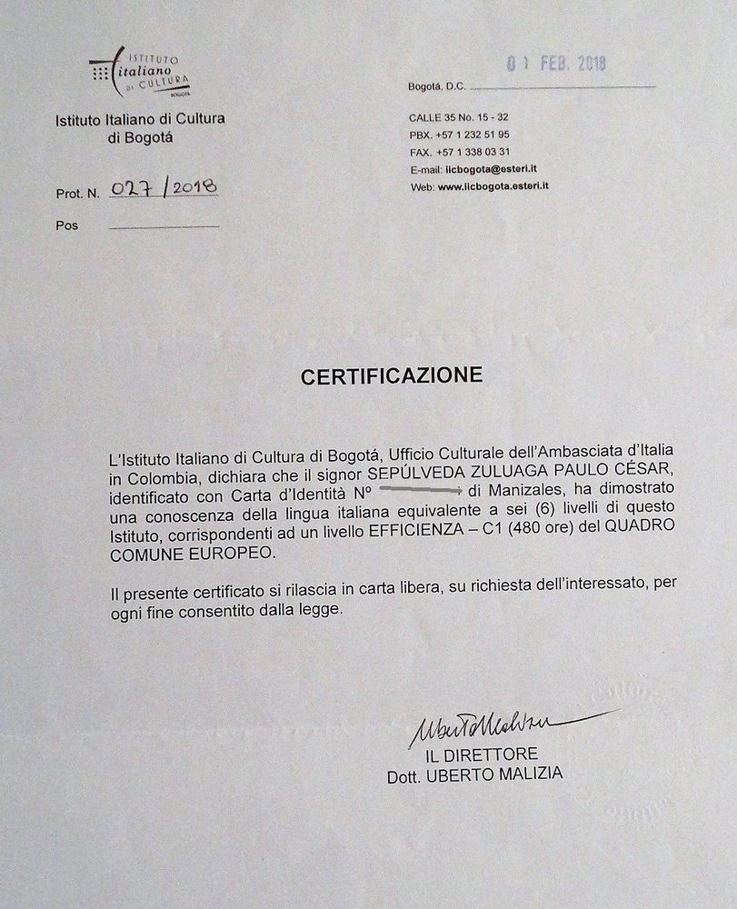 Constancia de conocimiento en italiano C1 de Paulo Sepulveda, otorgada por el Istituto Italiano di Cultura di Bogotá