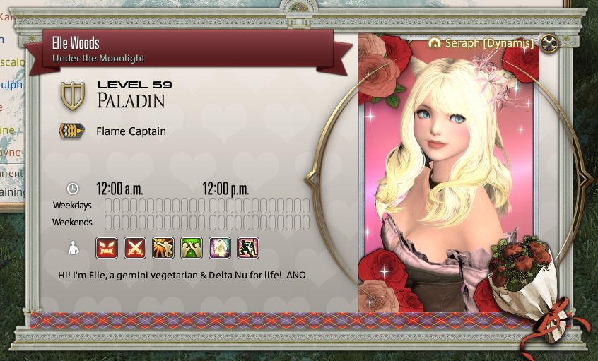 An FFXIV screenshot showing a blonde female miqo'te player named Elle Woods. The search comment reads: Hi! I'm Elle, a gemini vegetarian & Delta Nu for life!