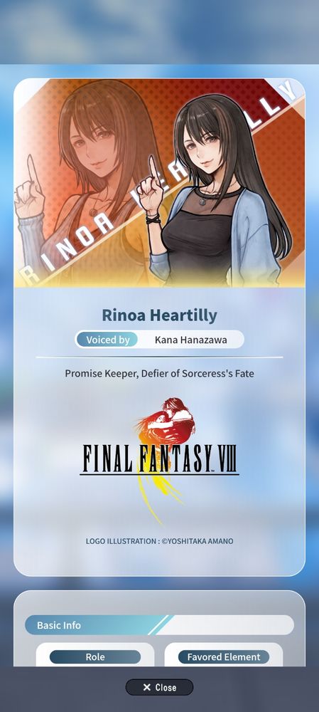 A screenshot from Dissidia Duellum of Rinoa's bio.

Rinoa Heartilly from Final Fantasy VIII, voiced by Kana Hanazawa.