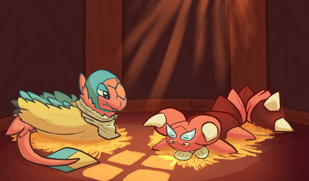 An Archen and a Skorupi resting on hay beds as the sun shines through a window. The Archen is starting to wake up while the Skorupi is fast asleep.
