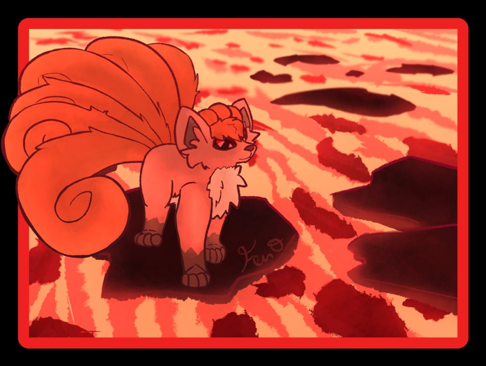 Vulpix standing on a rock in a river of lava.
