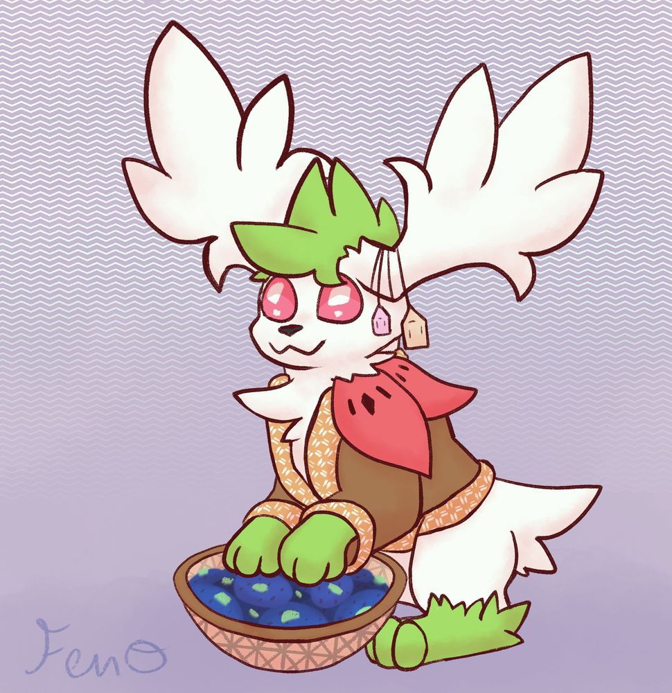 A Shaymin named Kiwi is sitting with a basket full of oran berries.