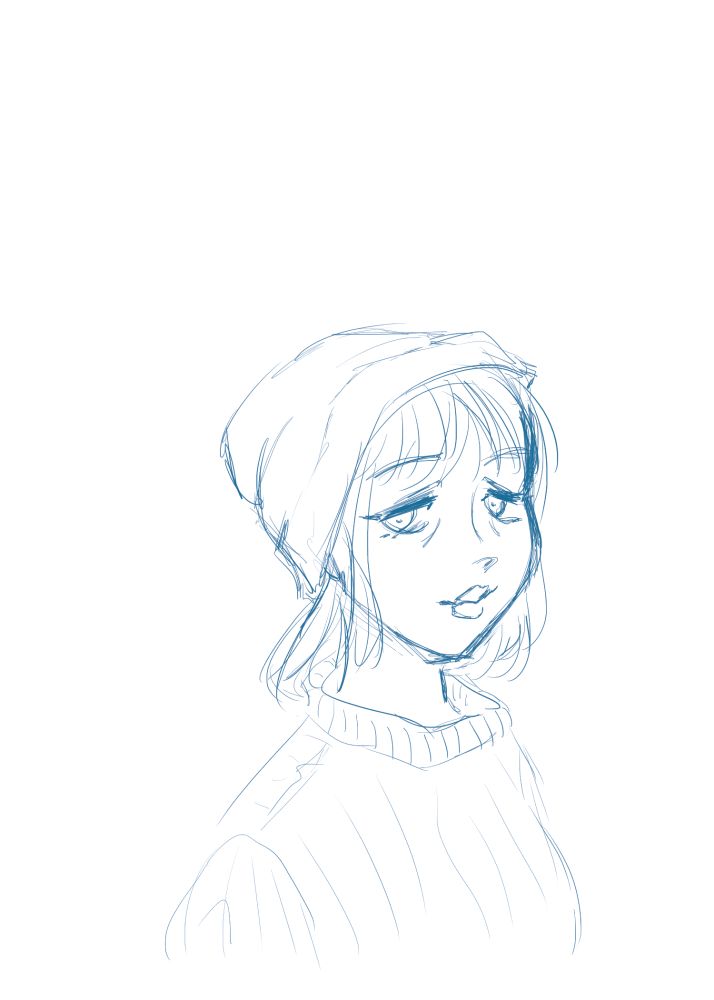 Blue digital sketch, very sketchy, portrait, girl in a sweater and beanie or toque or b whatever 