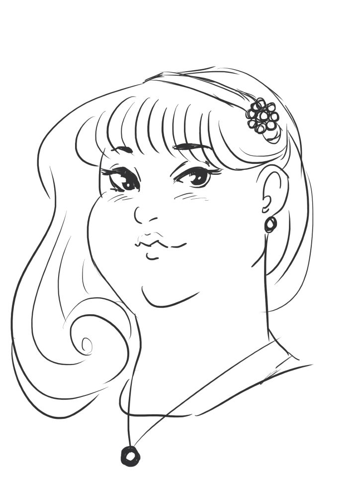black and white digital sketch of a girl with curling hair held in place with a headband with a flower on it