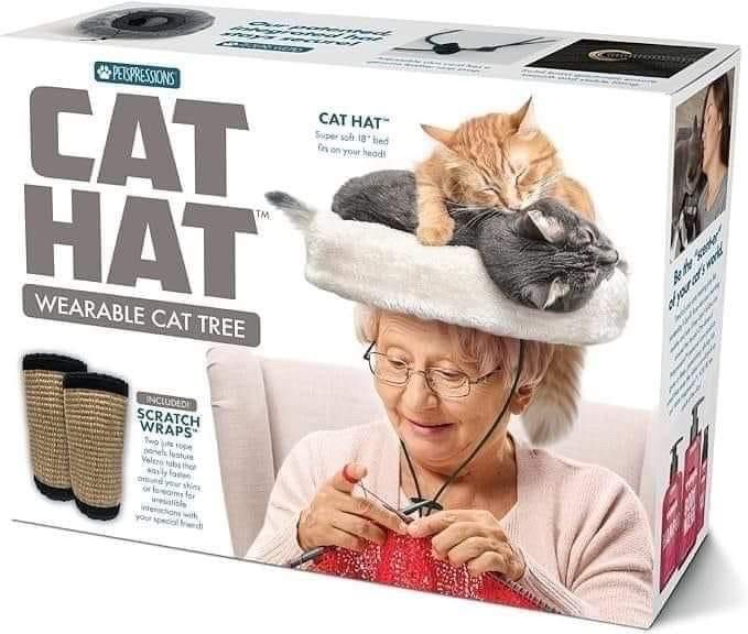 A box package of a wearable cat tree cat hat 

There is an image of an old lady knitting while wearing the car hat with two cats in it