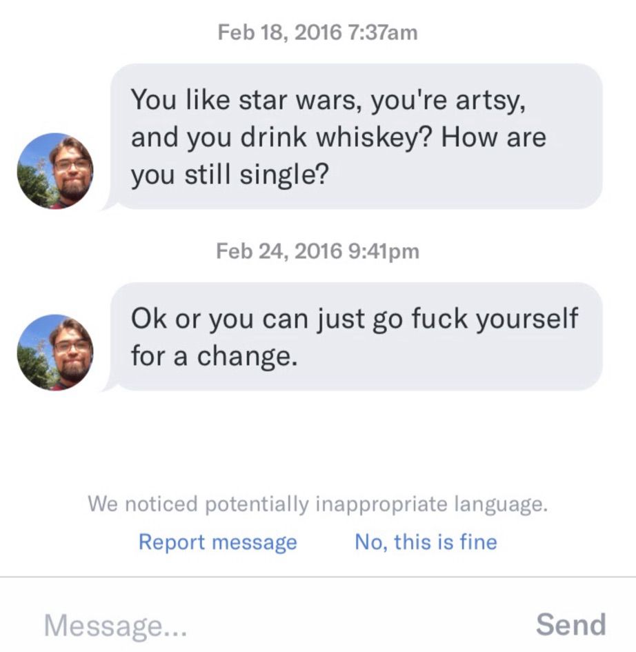 Screenshot of dating app messages that I found as I was cleaning out my google drive 

Feb 18, 2016 7:37am
You like star wars, you're artsy, and you drink whiskey? How are you still single?
Feb 24, 2016 9:41pm
Ok or you can just go fuck yourself for a change.
We noticed potentially inappropriate language.
Report message
No, this is fine
Message...
Send