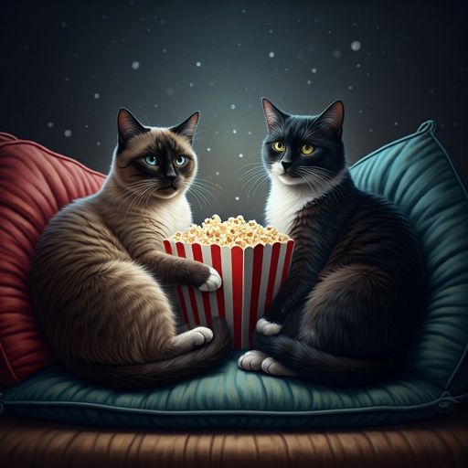 A Siamese cat and a black with with white paws lounging around on cushions with popcorn 