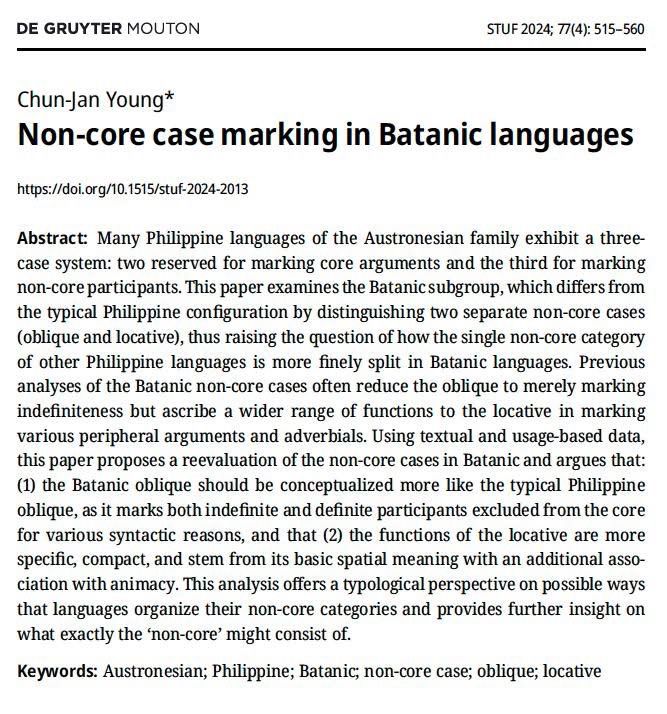 A screenshot of the abstract of the paper “Non-core case marking in Batanic languages” by CJ Young, with keywords, DOI, and publication information.