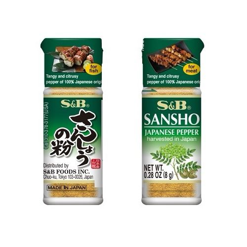 Depictions of the front and back of a small bottle of S&B Sansho Japanese pepper.