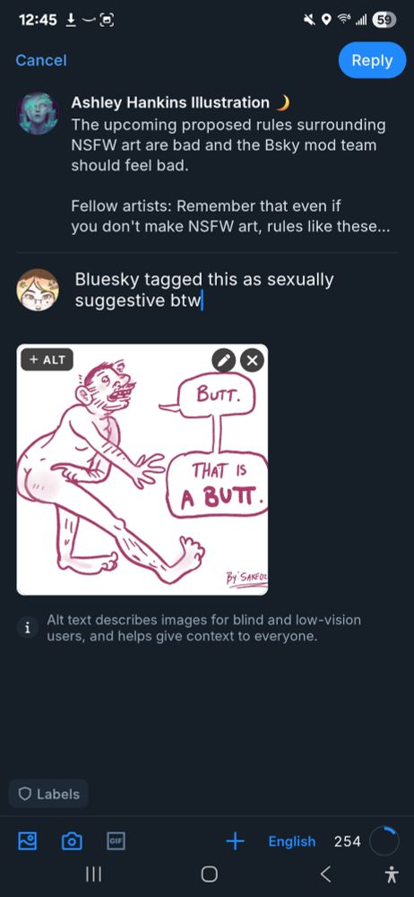  Screenshot of bluesky to attempt bypass auto moderation. Sakeozo is writing a comment with an imagine attached which is a gross looking crude drawing man pointing at his glutes. 