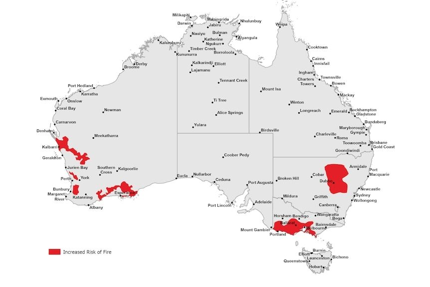 Map of Australia by the Australasian Fire Authority Council showing regions at increased bushfire risk this summer.
